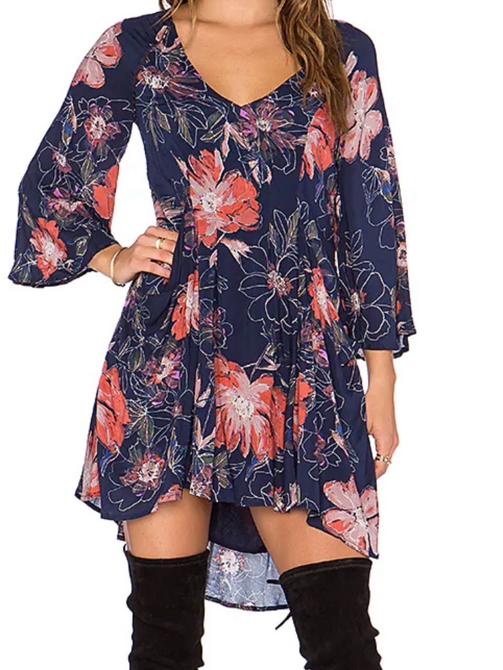 Free People Navy Floral V-Neck Dress with Bell Sleeves